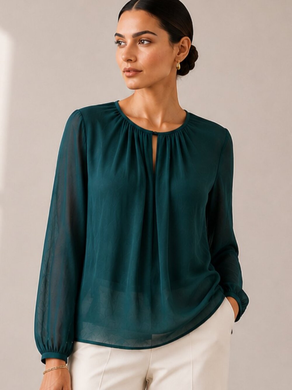 Filippa K Sheer Crepe Blouse Emerald Green Keyhole Long Sleeve Size M NWT
